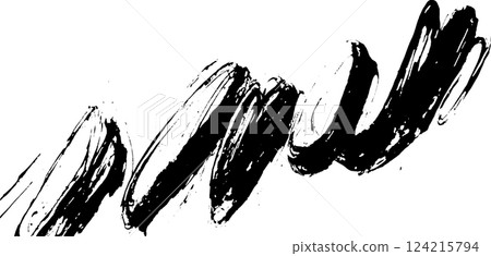 A dynamic, abstract brushstroke in black paint on a white background, showcasing fluid movement and artistic expression. 124215794
