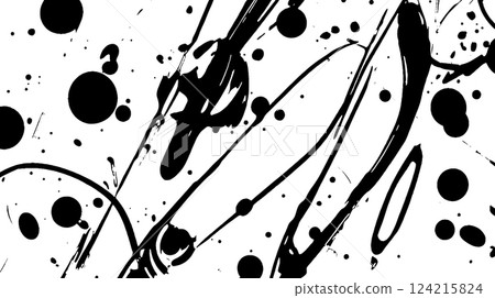 An abstract black and white design featuring various splatters and lines, creating a dynamic and energetic composition. 124215824