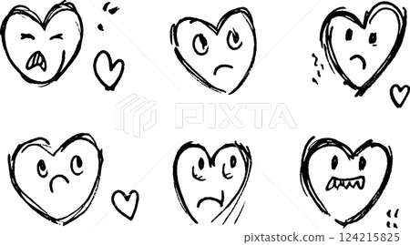 A collection of six hand-drawn heart emojis expressing various emotions. The hearts display anger, sadness, confusion, and other feelings, with exaggerated facial features. 124215825