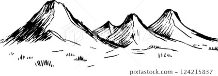 A simple black and white illustration of three mountains with sharp peaks, set against a plain background. The landscape features some grass patches in the foreground. A simple black and white illustration of three mountains with sharp peaks, set against a plain background. The landscape features some grass patches in the foreground. 124215837