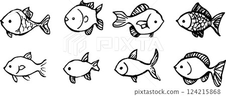 A collection of hand-drawn fish illustrations in various styles and sizes. Each fish features unique patterns and shapes, showcasing creativity in aquatic design. A collection of hand-drawn fish illustrations in various styles and sizes. Each fish features unique patterns and shapes, showcasing creativity in aquatic design. 124215868