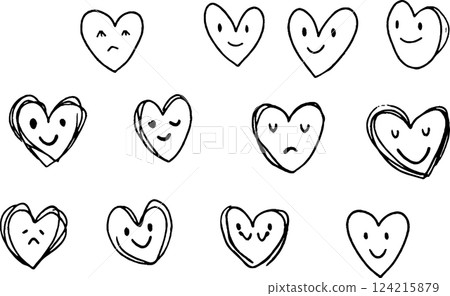 A grid of hand-drawn heart shapes featuring various facial expressions, including happy, sad, and neutral faces. The hearts are simple and playful, showcasing a range of emotions. 124215879