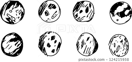 A grid of eight hand-drawn circular shapes resembling planets or celestial bodies, each with unique textures and patterns. The designs include spots, stripes, and varying shading, creating a whimsical A grid of eight hand-drawn circular shapes resembling planets or celestial bodies, each with unique textures and patterns. The designs include spots, stripes, and varying shading, creating a whimsical 124215938