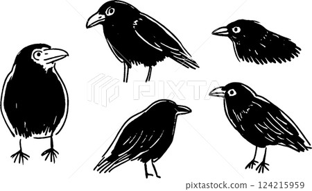 A collection of five stylized black bird illustrations, showcasing different poses and angles. The birds have distinct features like beaks and feathers, rendered in a simple, artistic style. A collection of five stylized black bird illustrations, showcasing different poses and angles. The birds have distinct features like beaks and feathers, rendered in a simple, artistic style. 124215959