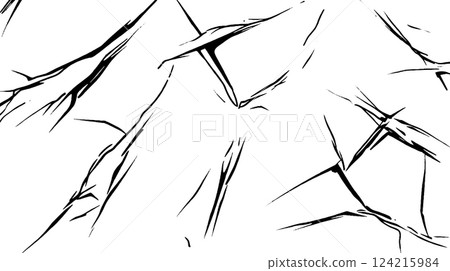 A seamless pattern of abstract mountain peaks with sharp, angular lines. The design features a minimalist style with a white background, emphasizing the black outlines of the mountains. 124215984