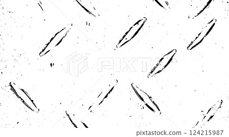 A close-up view of a textured surface featuring a diamond plate pattern with raised, oval shapes. The surface appears worn and weathered, showcasing scratches and imperfections. 124215987