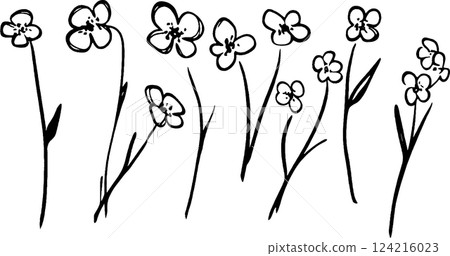 A collection of hand-drawn flowers with simple outlines and minimal details, showcasing various flower shapes and slender stems. A collection of hand-drawn flowers with simple outlines and minimal details, showcasing various flower shapes and slender stems. 124216023