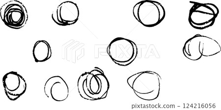 A collection of hand-drawn black circles and loops in various sizes and styles, showcasing artistic brush strokes and textures. 124216056