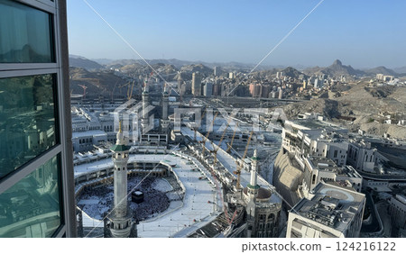 Aerial view of Masjid Al-Haram and Makkah city from the Clock Tower, Pilgrims performing Tawaf around the Kaaba during Hajj or Umrah, Magrib pray. The Holy Mosque, Minarets, and skyline highlight this Aerial view of Masjid Al-Haram and Makkah city from the Clock Tower, Pilgrims performing Tawaf around the Kaaba during Hajj or Umrah, Magrib pray. The Holy Mosque, Minarets, and skyline highlight this 124216122
