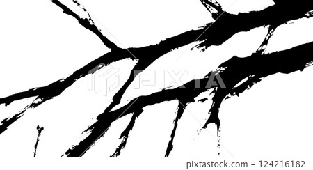 An abstract black and white illustration featuring jagged, branching lines resembling tree branches or cracks. The stark contrast creates a dramatic visual effect against a white background. 124216182
