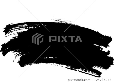 A bold black brush stroke on a white background, creating a striking contrast. The texture is rough and expressive, suitable for artistic designs or backgrounds. 124216242