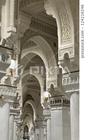 A Muslim pilgrim praying inside the grand Masjid al-Haram in Mecca, Saudi Arabia. The holy Kaaba, Islamic architecture, and religious symbols create a serene atmosphere during Hajj or Umrah A Muslim pilgrim praying inside the grand Masjid al-Haram in Mecca, Saudi Arabia. The holy Kaaba, Islamic architecture, and religious symbols create a serene atmosphere during Hajj or Umrah 124216246