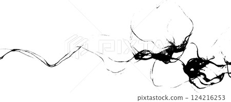 An abstract black ink design on a white background, featuring flowing lines and organic shapes that create a sense of movement and fluidity. 124216253