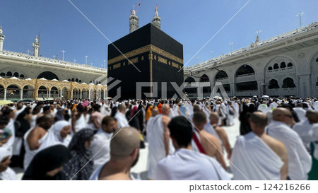 Muslim pilgrims perform Tawaf around the Kaaba after dawn prayer at Masjid al-Haram in Makkah, Saudi Arabia. Muslims worldwide face the Kaaba in prayer, symbolizing unity and devotion in Islam 124216266