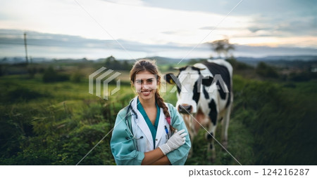 Smiling Young Female Veterinarian in Uniform Caring for Animals on Farm.Generated image Smiling Young Female Veterinarian in Uniform Caring for Animals on Farm.Generated image 124216287