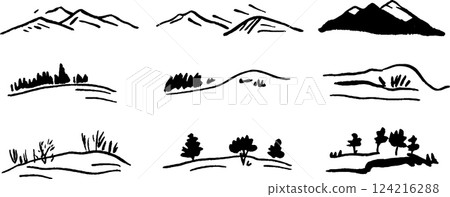 A collection of simple black and white landscape sketches featuring mountains, hills, and trees. The designs vary in style and composition, showcasing natural scenery. A collection of simple black and white landscape sketches featuring mountains, hills, and trees. The designs vary in style and composition, showcasing natural scenery. 124216288