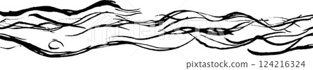An abstract black and white illustration featuring flowing lines that resemble waves or water currents. The design is fluid and dynamic, evoking a sense of movement. 124216324