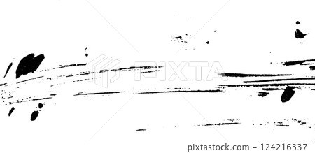 A textured black brush stroke on a white background, featuring varying thickness and splatters, creating an artistic and dynamic effect. 124216337