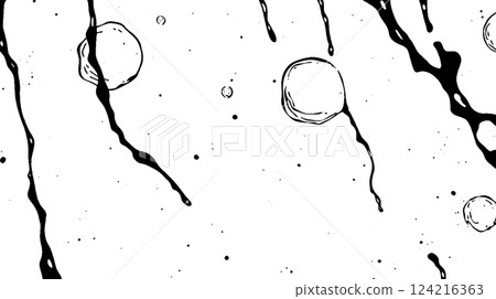 An abstract black and white illustration featuring splashes and droplets resembling ink or paint, with circular shapes scattered throughout. An abstract black and white illustration featuring splashes and droplets resembling ink or paint, with circular shapes scattered throughout. 124216363