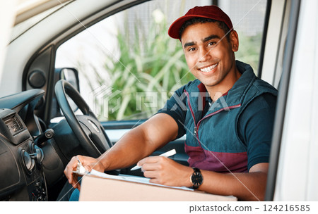 Logistics, supply chain and delivery with a shipping man in a van with a package and contract for retail. Ecommerce, truck and stock with a male transport worker out for commercial distribution Logistics, supply chain and delivery with a shipping man in a van with a package and contract for retail. Ecommerce, truck and stock with a male transport worker out for commercial distribution 124216585