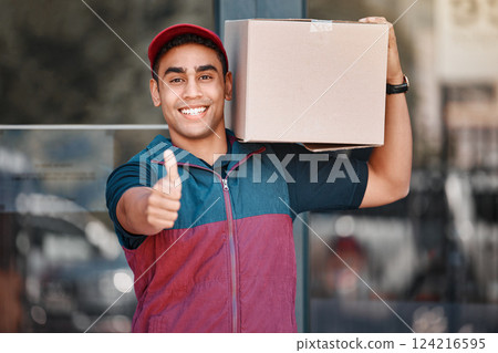 Thumbs up, courier man and delivery package from ecommerce online shopping store. Happy young friendly retail shipping worker, customer cargo box and thank you or well done support hand sign 124216595