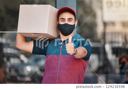 Thumbs up, box and man with face mask for delivery with export or transportation service. Success, logistics and portrait of courier guy with approval gesture to deliver package during covid pandemic Thumbs up, box and man with face mask for delivery with export or transportation service. Success, logistics and portrait of courier guy with approval gesture to deliver package during covid pandemic 124216596