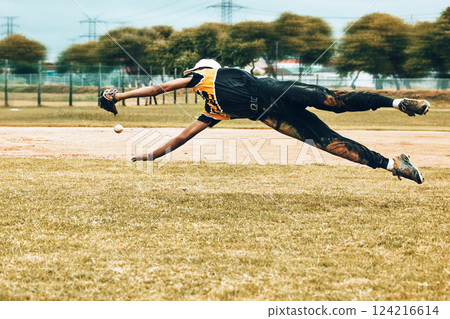 Baseball, baseball player and jump, ball and catch at a baseball field for training, fitness and exercise. Energy, sport and athletic man jumping, speed and passion at a pitch during competitive game 124216614
