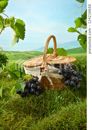 Picnic basket with hand woven rattan handle, lace fabric border around the basket. Succulent purple grapes sticking out of the basket. Green farm grass with lush foliage. Natural scenery Picnic basket with hand woven rattan handle, lace fabric border around the basket. Succulent purple grapes sticking out of the basket. Green farm grass with lush foliage. Natural scenery 124216688