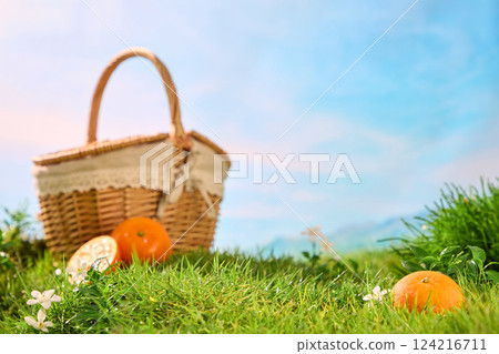 Photo in focus of lawn with fresh grass blades and flowers. Vibrant oranges placed on the lawn. Fresh Citrus Burst Orange cut in half and juicy. Blue sky background with blurred picnic basket. Photo in focus of lawn with fresh grass blades and flowers. Vibrant oranges placed on the lawn. Fresh Citrus Burst Orange cut in half and juicy. Blue sky background with blurred picnic basket. 124216711