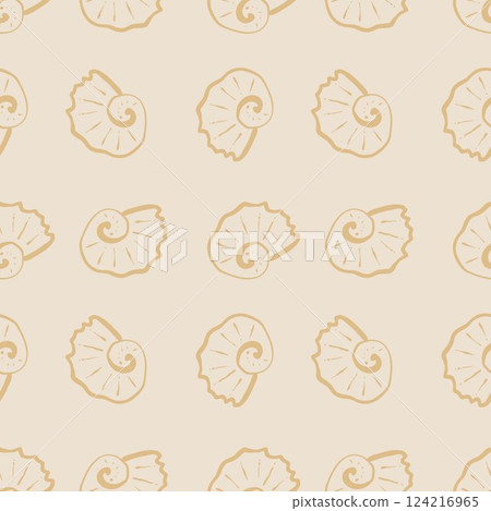 Hand drawn sea shells beige seamless pattern in doodle sketchy style on sandy background. Line art sea shell vector background Hand drawn sea shells beige seamless pattern in doodle sketchy style on sandy background. Line art sea shell vector background 124216965