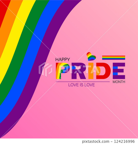Happy Pride Month Typography with Rainbow Elements on Pink Background Happy Pride Month Typography with Rainbow Elements on Pink Background 124216996