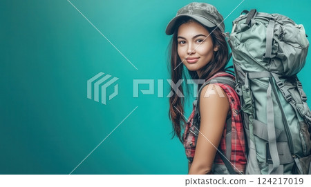 Young Woman Smiling with Backpack Against a Bright Blue Background Ideal for Adventure Travel Themes 124217019