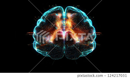 Abstract visualization of a human brain with glowing particles and colorful effects on a black background 124217031