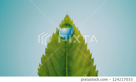 Water Droplet on Green Leaf for Nature Conservation, Environmental Health and Sustainability Concept 124217033