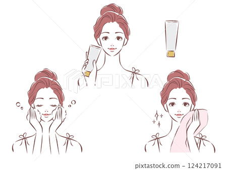 A girl with high femininity who washes her face with lathered cleanser 124217091