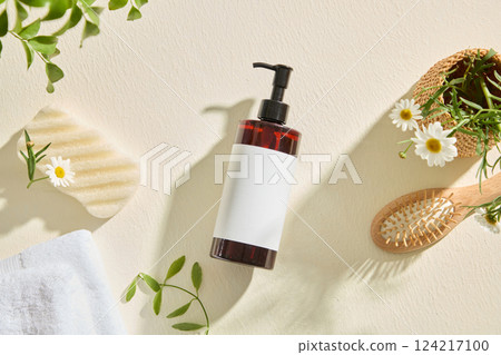 Tall plastic bottle mockup with pump placed in the center. Rectangular soap bar with flower decoration on top. Wide toothed wooden comb and handmade rattan vase. Nature concept used for advertising Tall plastic bottle mockup with pump placed in the center. Rectangular soap bar with flower decoration on top. Wide toothed wooden comb and handmade rattan vase. Nature concept used for advertising 124217100