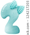 Watercolor cute number 2 with ribbon clip art, number hand drawn for kids 124217203