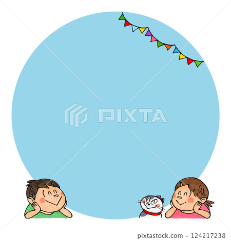 Child and cat looking up Copy space (blue) 124217238