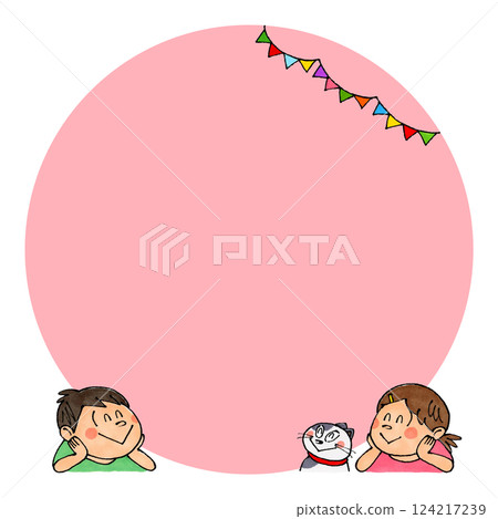 Child and cat looking up Copy space (pink) 124217239