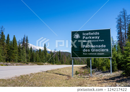 Jasper, Alberta, Canada. Icefields Parkway (Alberta Highway 93), Jasper National Park Scenic Drive. Canadian Rockies summer landscape in the background. Jasper, Alberta, Canada. Icefields Parkway (Alberta Highway 93), Jasper National Park Scenic Drive. Canadian Rockies summer landscape in the background. 124217422