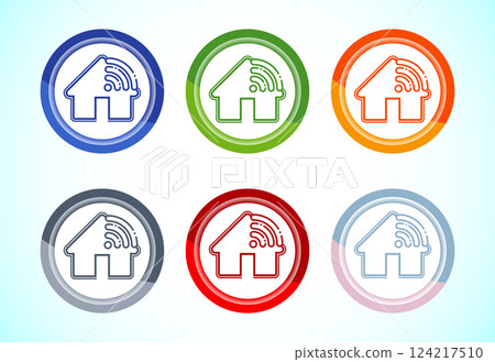 Smart house icon design illustration, Smart home sign symbol, 6 color button design set 124217510