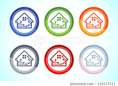 Smart house icon design illustration, Smart home sign symbol, 6 color button design set 124217511