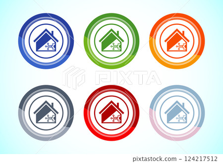 Smart house icon design illustration, Smart home sign symbol, 6 color button design set Smart house icon design illustration, Smart home sign symbol, 6 color button design set 124217512