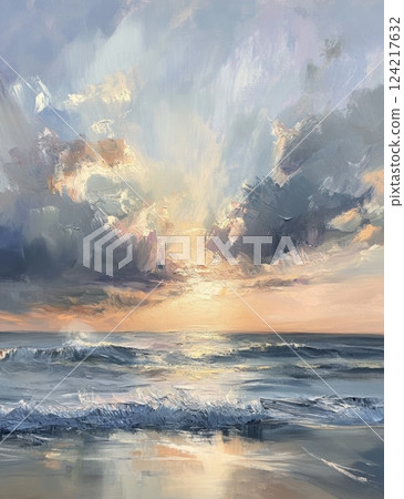 Serene Ocean Sunset with Dramatic Clouds and Gentle Waves 124217632