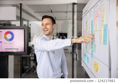 Positive successful young Latin product manager holding presentation 124217981