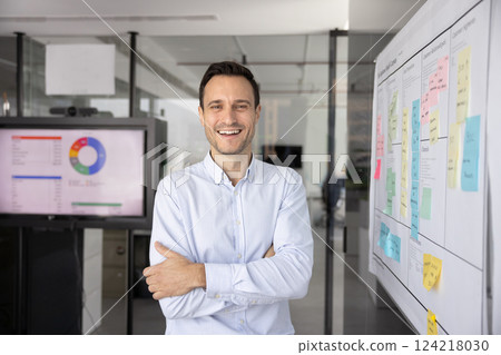 Happy confident Latin business project leader man posing in office Happy confident Latin business project leader man posing in office 124218030