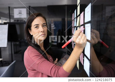 Positive successful young Hispanic manager woman working on successful project Positive successful young Hispanic manager woman working on successful project 124218075