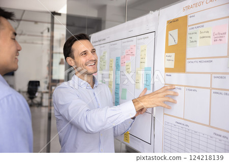 Positive male multiethnic partners brainstorming on business model strategy canvas Positive male multiethnic partners brainstorming on business model strategy canvas 124218139