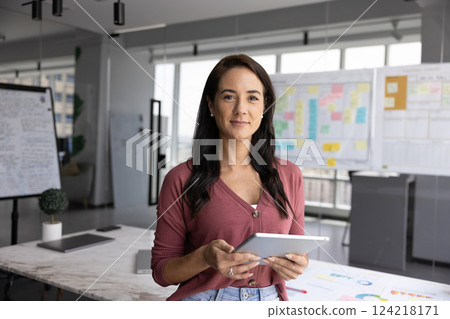 Positive confident Latin businesswoman posing for business portrait Positive confident Latin businesswoman posing for business portrait 124218171