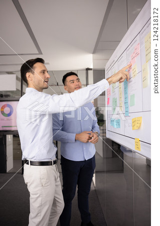 Two male project managers planning tasks on Kanban scrum board 124218172